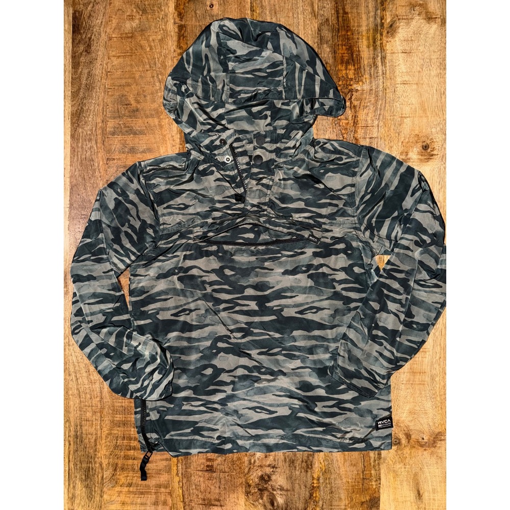 RVCA Boys Camo Anorak Windbreaker Jacket Green Tiger Camouflage Hooded Size M